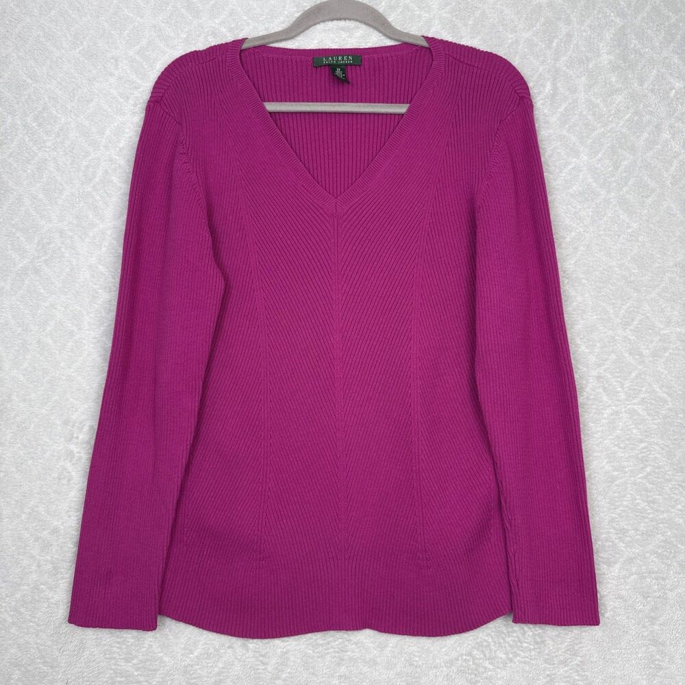LRL Ralph Lauren V-Neck Sweater Womens 2X Pink Fuschia Rib Knit Preppy Classic